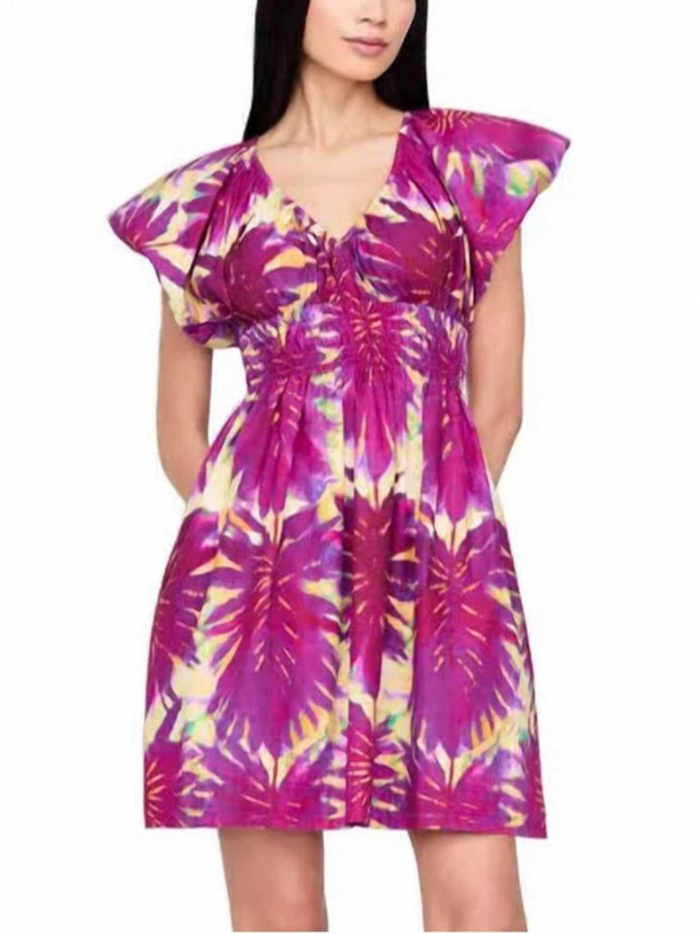 Marie Oliver Emilia Mini Dress  Athena Floral Boysenberry Print Flutter Sleeve M